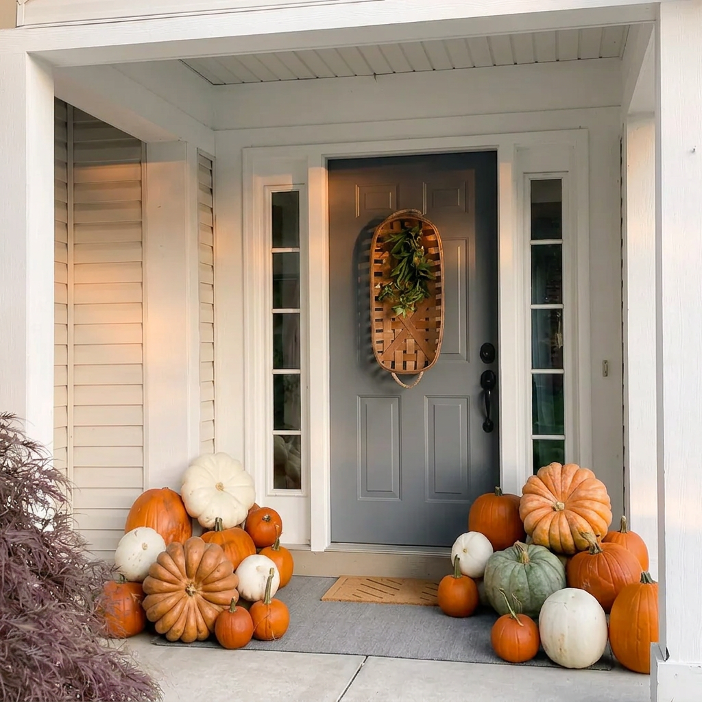 Cozy covered porch styled with orange and white pumpkins