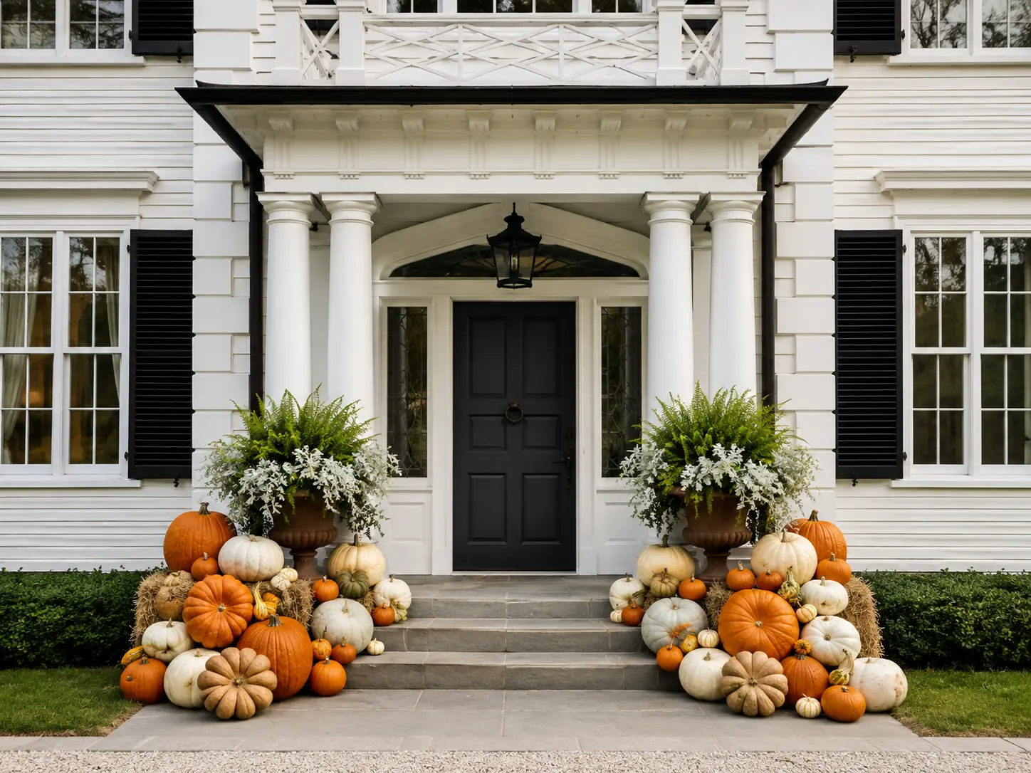 Classic white colonial entry flanked by pumpkin displays
