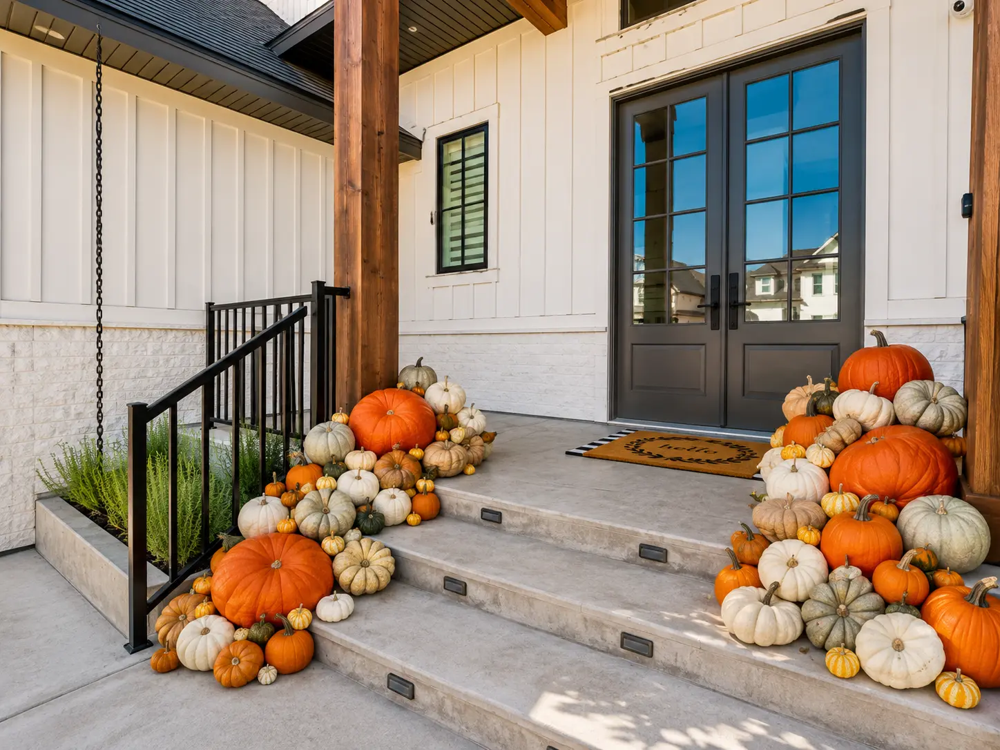 Modern farmhouse steps layered with heirloom pumpkins