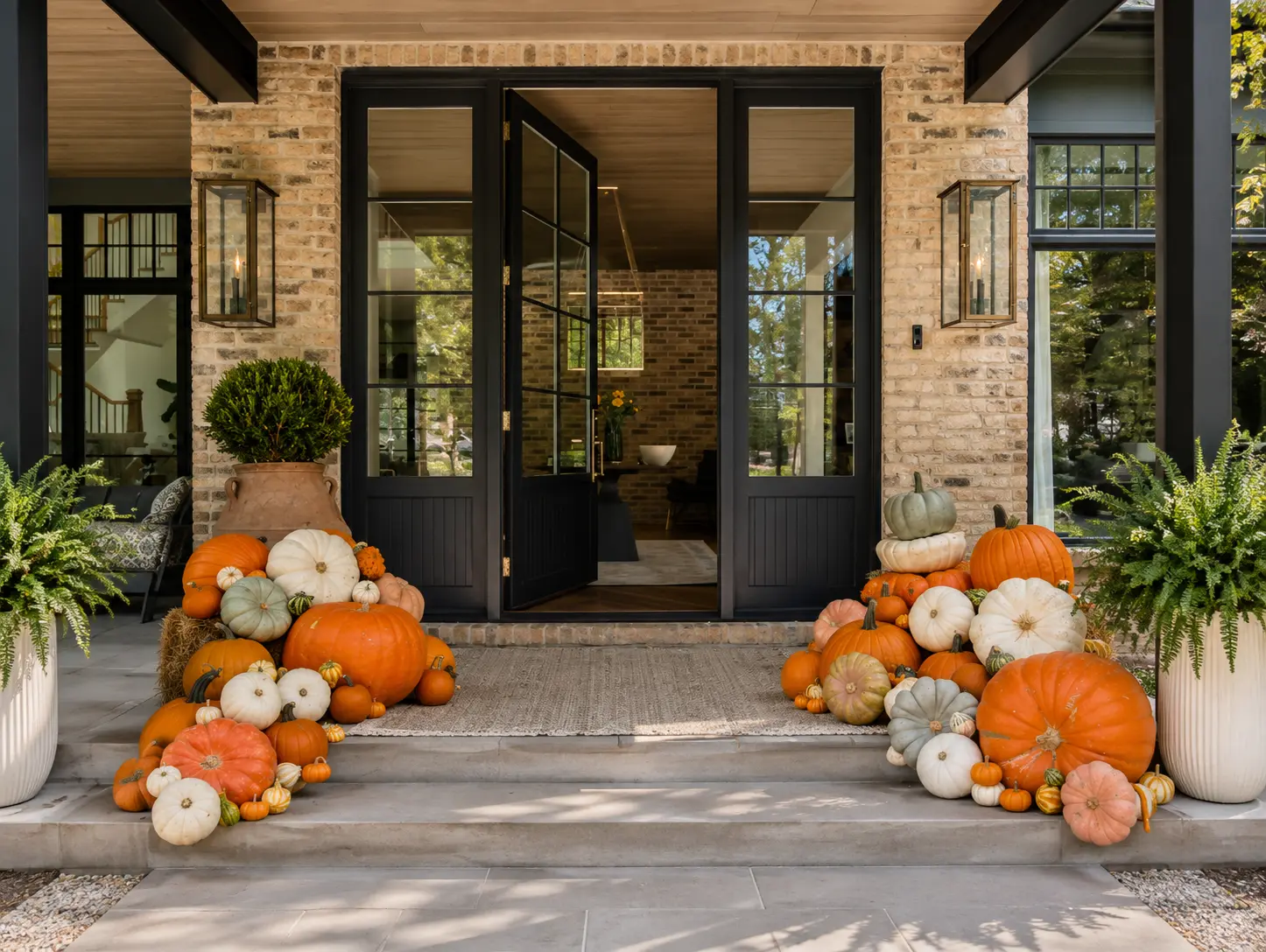 Elegant New Jersey porch overflowing with orange and white pumpkins