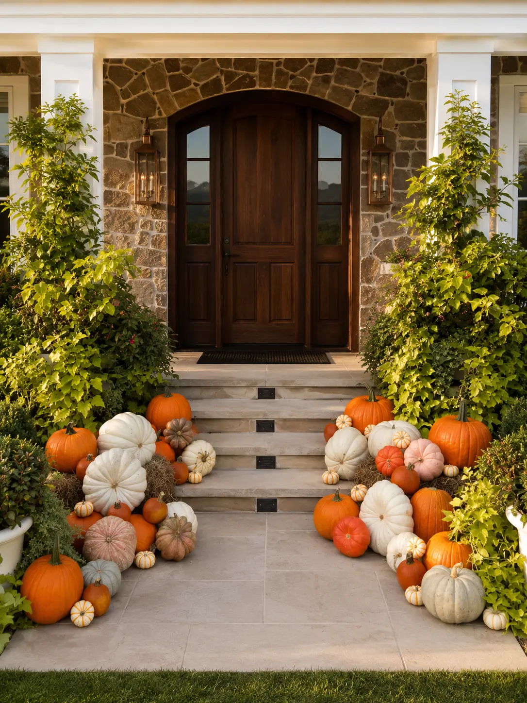 Stone arched doorway with pumpkins cascading down the steps