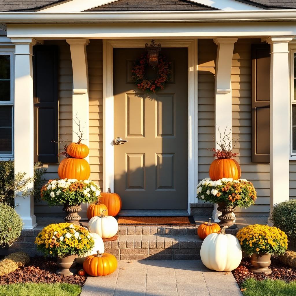 Front entry of a New Jersey home styled with pumpkins and mums